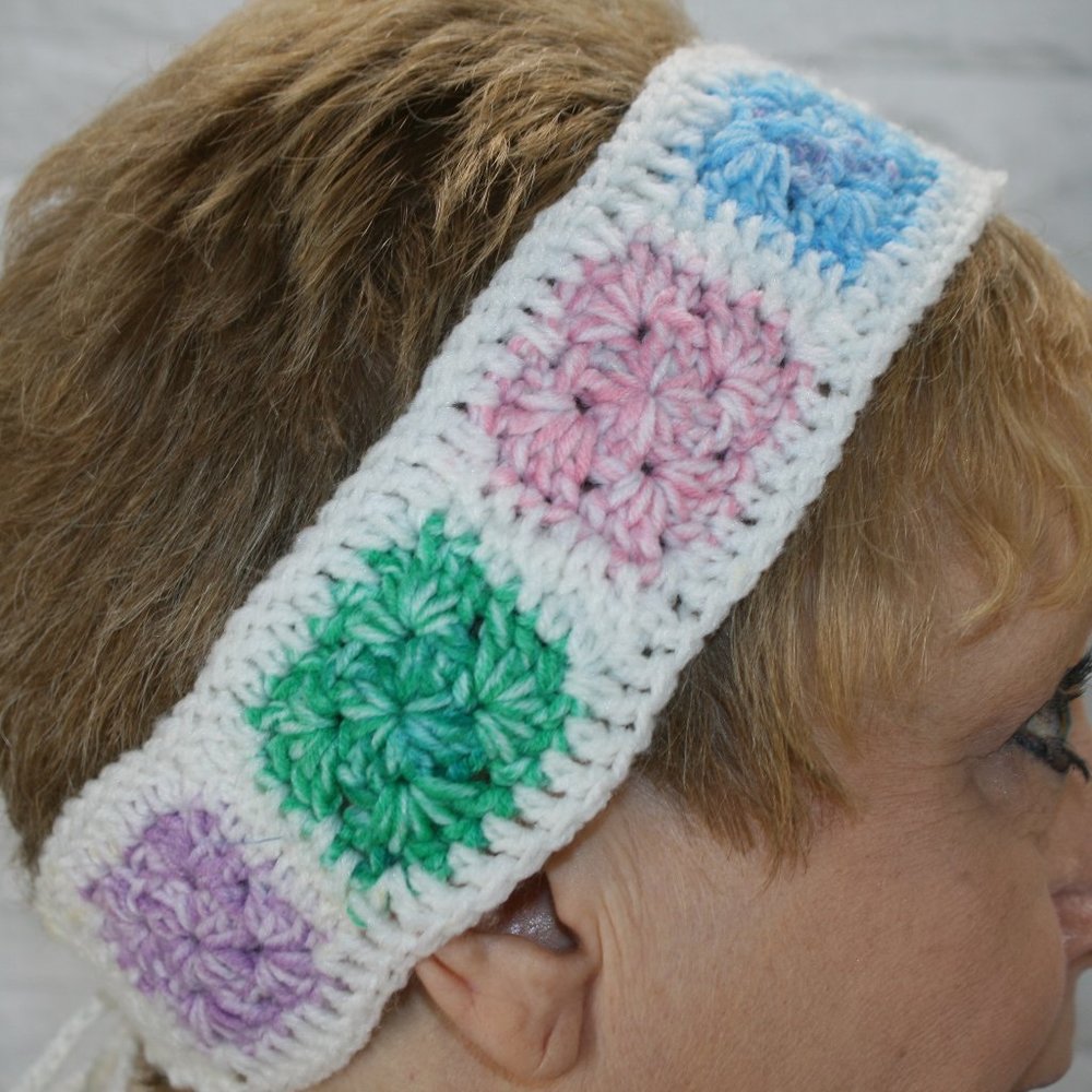 HAND CRAFTED Headband Crochet Head Scarf Boho Pastel Granny Square Retro - Picture 2 of 13
